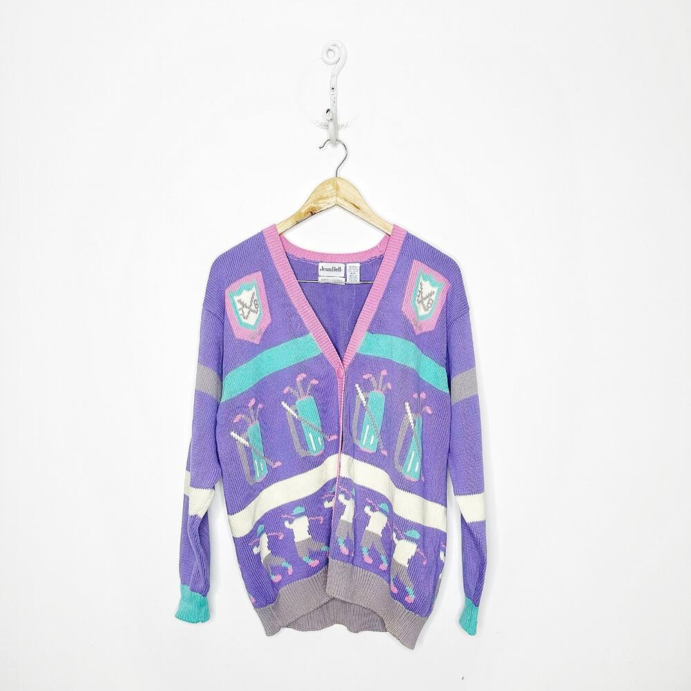 vtg 80s 90s JEAN BELL golf golfer print hand loomed cardigan sweater women's M